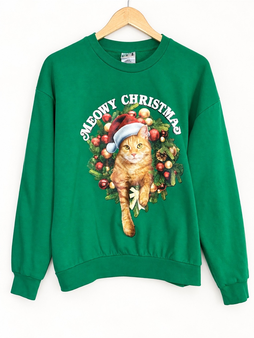 Green "Meowy Christmas" Cat Graphic Sweatshirt Holiday Cat Crewneck Size Large